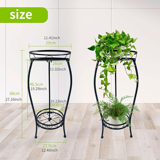 NUZZERO Plant Stand for Indoor Outdoor,Tall Black Metal Rustproof Stable Plant Stands,2 Tier 27.1 inch Multiple Corner Display Shelf Plant Rack Holder Rack Flower Pot Stand Heavy Duty Plant Shelf