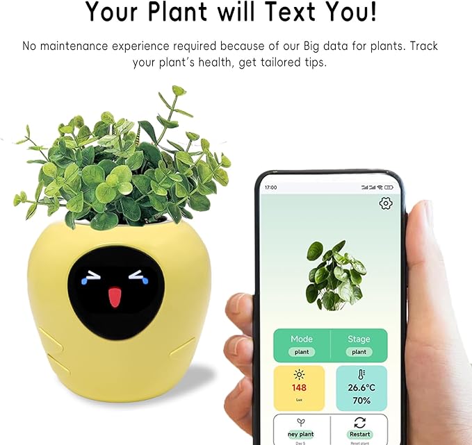 Odpaltoy Smart Plant Pot with Expression, AI Intelligent Flower Pot for Indoor Decoration, Smart Garden Pot with Water/Light/Temperature Sensors, Ivy AI Planter (Yellow（Big）)