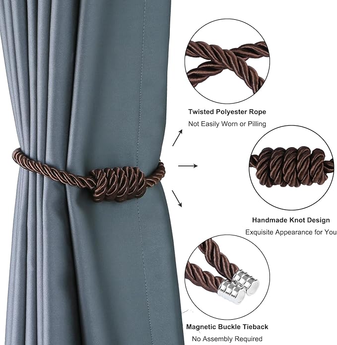 BEL AVENIR Magnetic Curtain Tiebacks, Decorative Drapery Holdbacks Modern Woven Tie-Backs with Exquisite Knot (Coffee, 4 Pack)