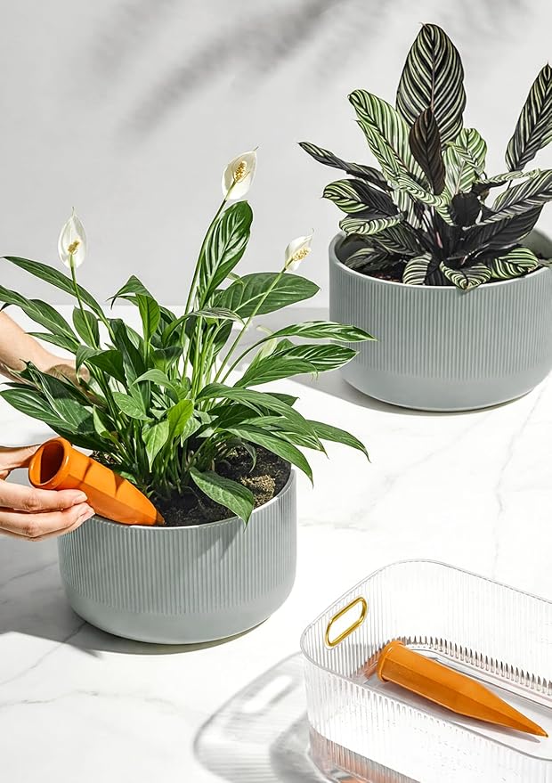 Ceramic Planters - 10+12 Inch Large Pots for Indoor & Outdoor Plants, Modern Flower Pots with Drainage Holes and Self Watering Devices, House Grey-Blue Big Plant Pot, Set of 2