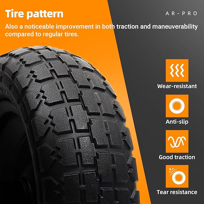 AR-PRO (4-Pack) Replacement Wheels 10 inch Flat Free Tire - Solid Flat-Free Tire and Wheel - 3" Wide Tires with 5/8 Axle Borehole and 2.1" Hub - Compatible with Garden, Yard and Farm Cart