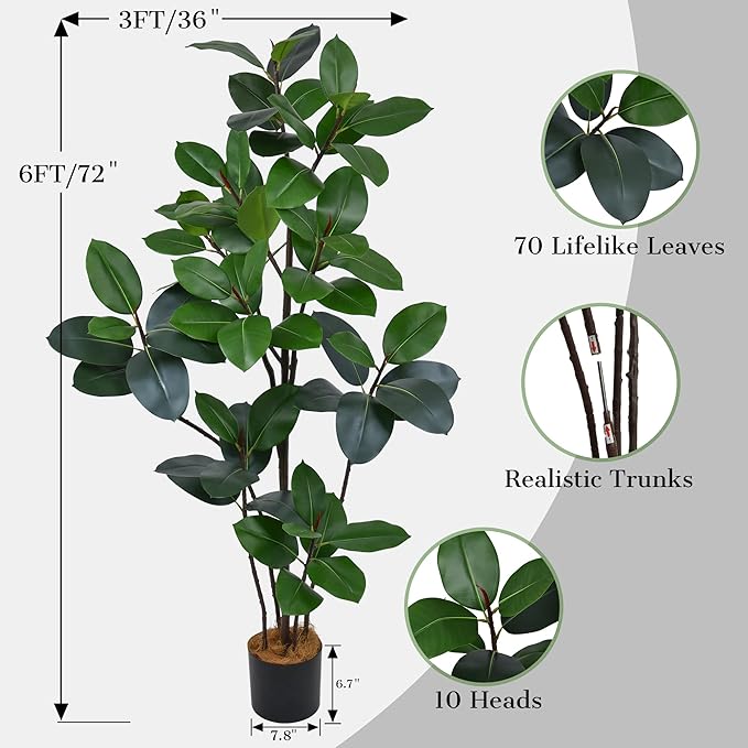 6FT Artificial Green Rubber Tree - 72" Faux Trees Indoor with 70 Lifelike Vivid Leaves and 10 Heads, Tall Fake Potted Plant for Home Office Living Room Decor Housewarming Gift