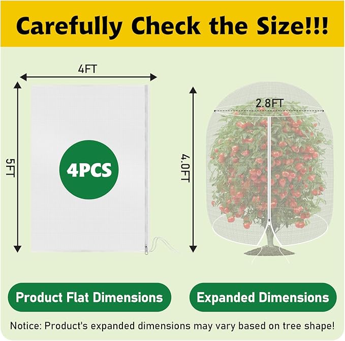OZMI 4 Pack Fruit Tree Blueberry Bush Netting Cover, 4Ft x 5Ft Reusable Bird Netting for Garden Protection with Zipper & Drawstring, Shrubs Tomato Strawberry Plant Bushes Protector