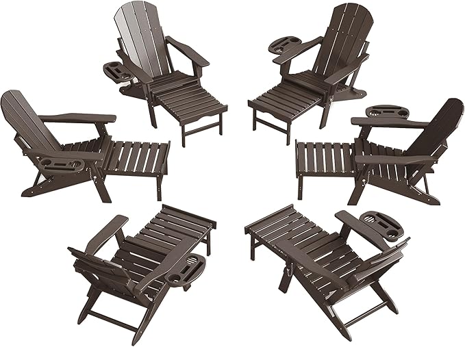 Adjustable Adirondack Chair with Retractable Ottoman Set of 6, HDPE Folding Adirondack Chair with Cup Holder, All Weather Fire Pit Chair for Outdoor.