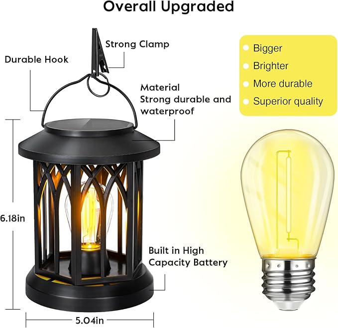Hanging Solar Lanterns Outdoor Waterproof - 2 Pack Outdoor Lantern Decorative, Hanging Solar Lights for Outside, Outdoor Solar Powered Lantern with Handle & Clip for Patio Yard Decor