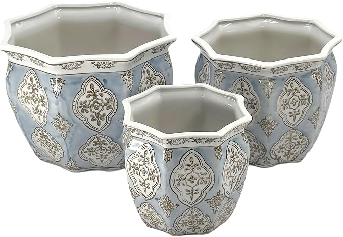 Galt International Light Blue & White Round Fluted Floral Porcelain Ceramic Plant Flower Planter Pot Set of 3 (7.5", 10", 13") Garden Pots Chinese Asian Design