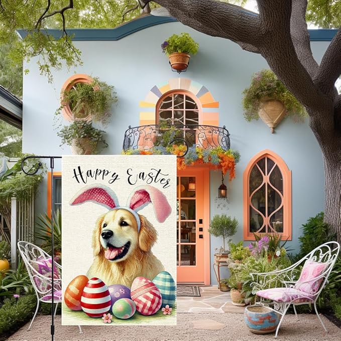 Happy Easter Garden Flag Dog Spring Seasonal Eggs Sign Yard Holiday Outdoor 12x18 Inch Small Burlap Double Sided Garden flags Decorations