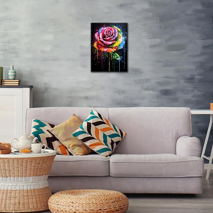 FUNHUA Abstract Rose Flowers Wall Art Colorful Rose Graffiti Canvas Painting Rainbow Flower Bloom Closeup Picture Framed Artwork for Living Room Bathroom Bedroom Home Decorations 12x16inches