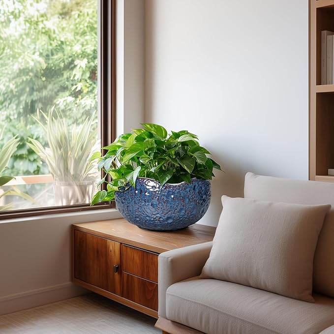 Thirtypot 10 Inch Plant Pot - Ceramic Planter for Indoor Outdoor, Round Bonsai Pots, Decorative Flower Pots with Drainage Hole, Modern Unique Planters, House Decor, Home Gifts, Retro Blue