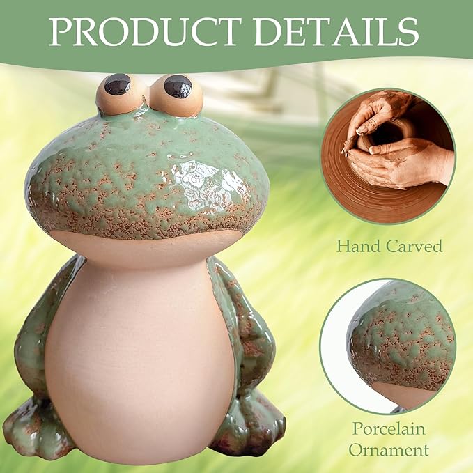 Frog Decor for Outdoor Garden Set of 3 - Cute Ceramic Frog Statues for Lawn, Pond, Patio, or Porch - Whimsical Ornaments, Funny Yard Decor, Ideal Chrismtas Gifts Decorations for Mom Grandma (Green)