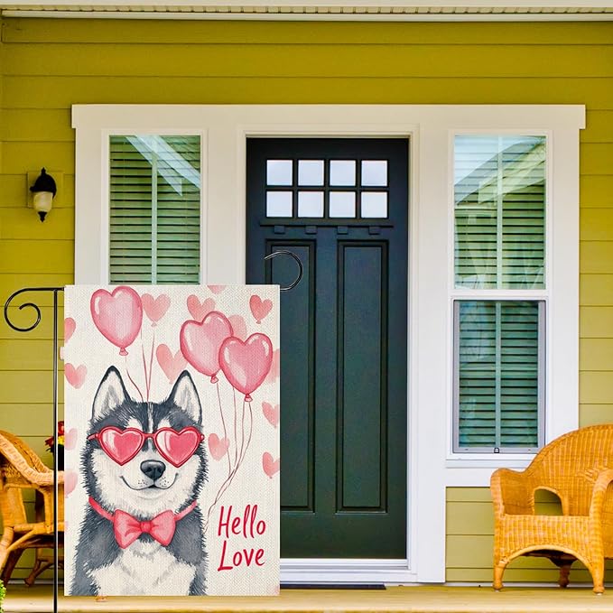 Valentine's Day Husky Hello Love Garden Flag, House Yard Plaid Love Heart Outside Decoration, Spring Holiday Wedding Anniversary Outdoor Small Decor 12x18(12630)