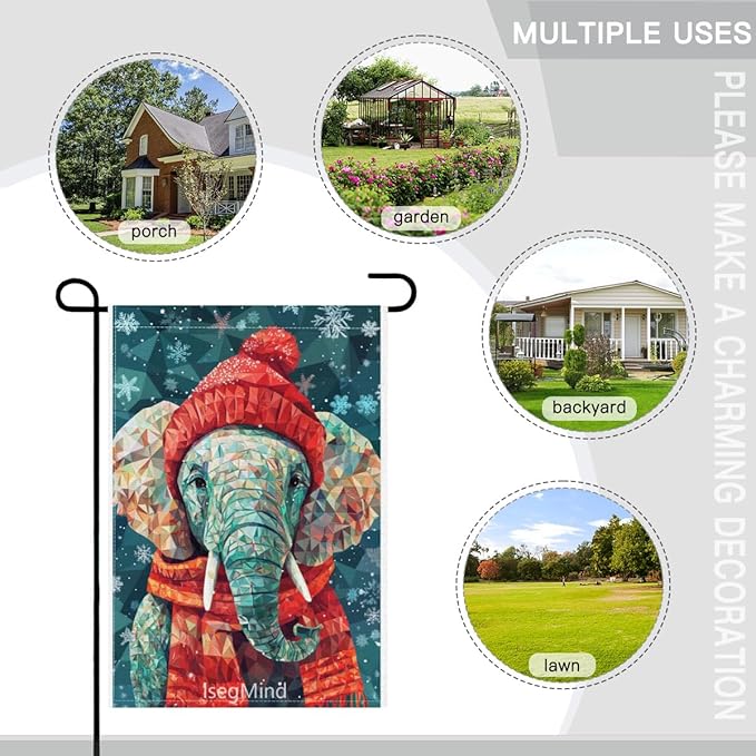 Elephant with Red Scarf and Hat Snowflake Christmas Garden Flag, 28x40 Inch Double Sided Linen Holiday Red Winter Farmhouse Yard Outdoor Decoration (4325)