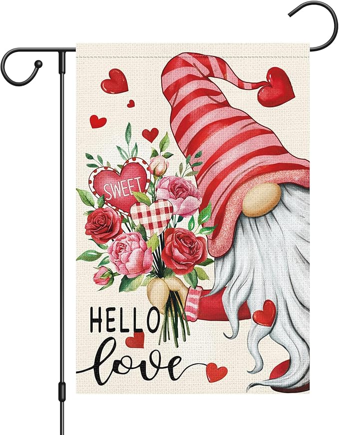 Louise Maelys Hello Love Valentine's Day Garden Flag Gnome Floral Heart 12x18 Inch Double Sided Welcome Small Burlap Spring Holiday Yard Outdoor Home Decor