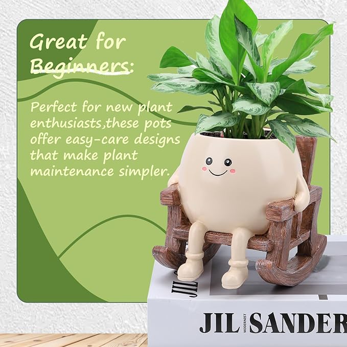 KIUGCO Smily Face Planter Pot, Cute Resin Flower Head Planters for Indoor Outdoor, Unique Sitting Rocking Chairs Succulent Pots, Cute Plant Gifts for Plant Lovers