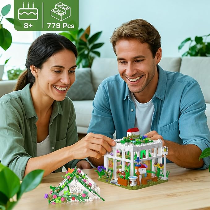 Flowers House Building Set with LED Light, Creative Garden House Buiding Toy for Home Decoration, Greenhouse Model Playset, for Adults Teens Girls Friends Ages 8+, Xmas Birthday Gift (779 Pieces)