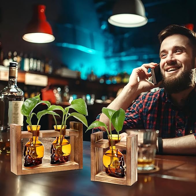 2+1 Plant Terrarium Plant Propagation Station Gifts for Father Halloween Skull Home Office Decor with Wooden Stand
