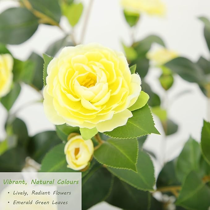 Nafresh 2FT Lush Artificial Yellow Camellia Tree Outdoor 2 Pack, 24inch Faux Camellia Plant, Fake Camellia Flowers Tree for Indoor Outdoor Living Room Home Patio Front Door Garden Decor