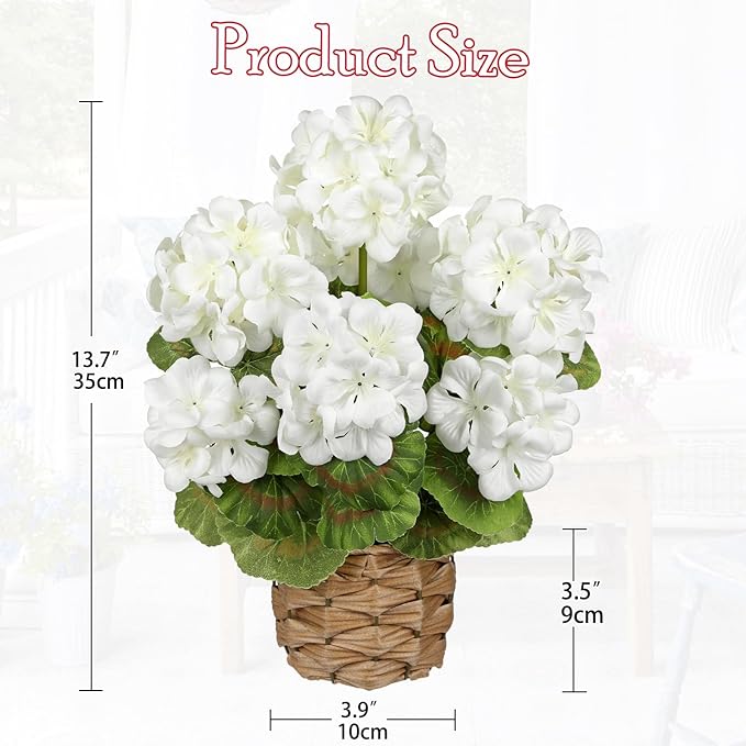 Briful Artificial Geraniums Flowers Potted Plant - 13.7'' Tall Faux White Silk Realistic Lush Geraniums Flowers in Basket, Indoor&Outdoor Decorative Plant, Farmhouse Home Porch Office Patio Table
