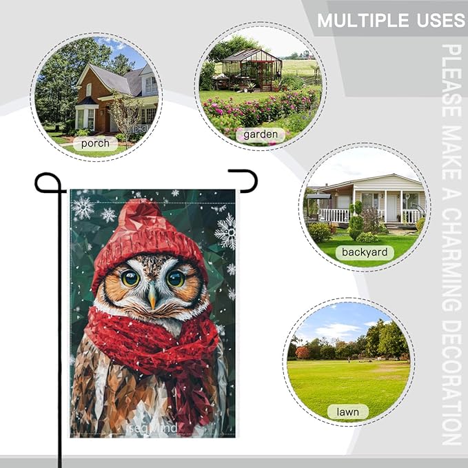 Owl with Red Scarf and Hat Snowflake Christmas Garden Flag, 28x40 Inch Double Sided Linen Holiday Red Winter Farmhouse Yard Outdoor Decoration (4333)