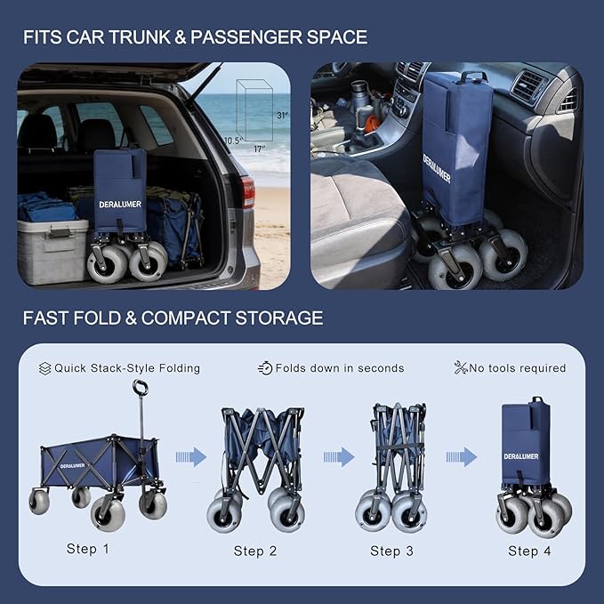 Beach Wagon with Big Wheels for Sand, 35"L Heavy Duty Folding Beach Wagon with 9×4" Balloon Tires, All Terrain Utility Cart for Garden, Sports, Camping, Outdoor (SandRover X800-B,Navy Blue)