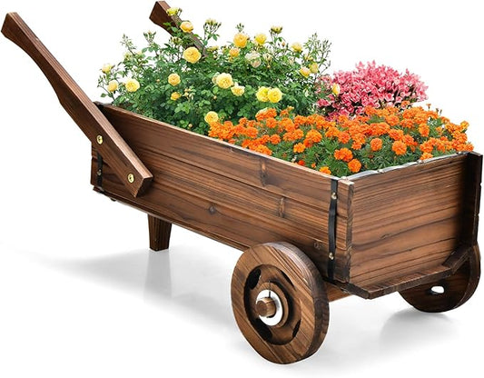 Giantex Wooden Wagon Planter Box, Decorative Wagon Cart with Wheels, Handles, Drainage Hole, Flower Planter Pot Stand, Rustic Flowerpot Planter, Indoor & Outdoor Garden Patio Balcony