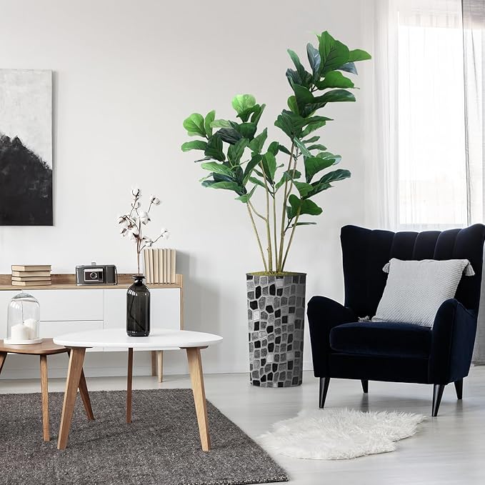 Artificial Tree in Modern Geometric Pattern Planter, Fake Ficus Lyrata Silk Tree for Indoor and Outdoor Home Decoration - 66" Overall Tall (Plant Pot Plus Tree)