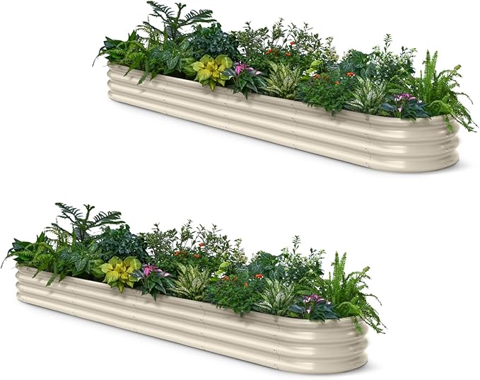 2-Pack Galvanized Raised Garden Bed 10x2x1 | 8x4x1 ft, 12" Tall Metal Planter Box for Outdoor Plants, Modular Raised Flower Bed Rust Resistant Coating, Long Planter for Vegetable - Sand Beige