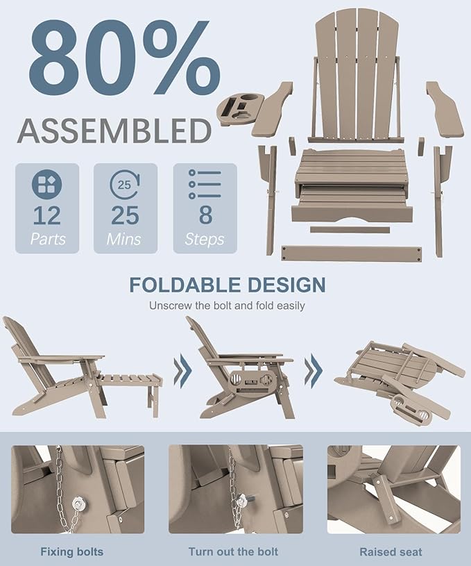 Adjustable Adirondack Chair with Retractable Ottoman, HDPE Folding Adirondack Chair with Cup Holder, All Weather Fire Pit Chair for Outdoor.