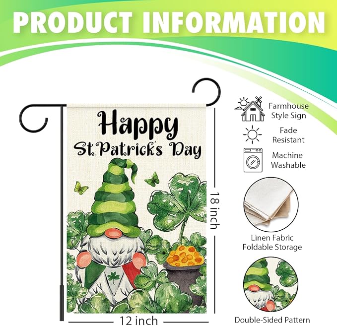 Happy St Patricks Day Garden Flag 12x18 Inch Double Sided,Gnome Shamrocks Outdoor Irish Decor House Porch Flag for St Patrick's Day Party and Yard Decorations