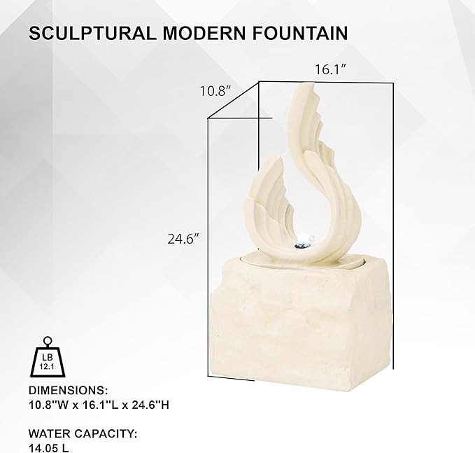 XBrand 25" H Outdoor Garden Water Fountain, Stone-Look Modern Sculptural Freestanding Fiber Resin Fountain with LED Lights for Patio, Backyard, Porch & Lawn, White