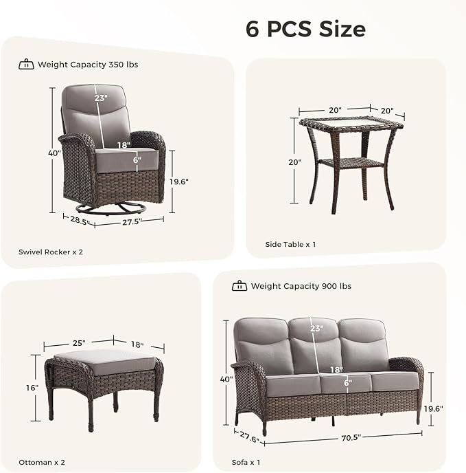 Luxury Patio Furniture Set with 6-inch Thick Cushions, Outdoor Furniture Set with High Back Swivel Chairs, 6 PCS Wicker Outdoor Conversation Set for Porch, Patio, Yard, Deck, Poolside, Brown/Beige