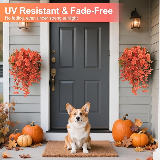Fall Decor Artificial Flowers for Outdoor Decoration, 4Pcs Fake Hanging Flowers Morning Glory UV & Fading Resistant, Artificial Faux Plants for Home Patio Yard Garden Farmhouse Halloween