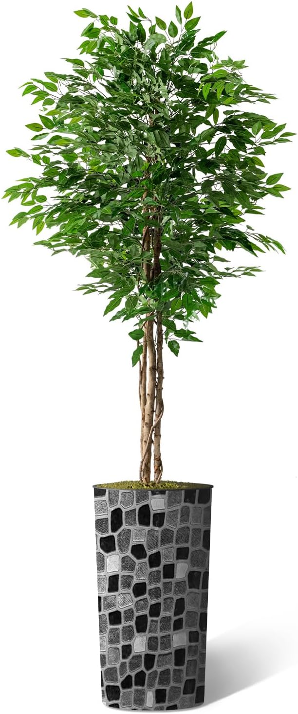 Artificial Tree in Modern Geometric Pattern Planter, Fake Ficus Silk Tree for Indoor and Outdoor Home Decoration - 75" Overall Tall (Plant Pot Plus Tree)