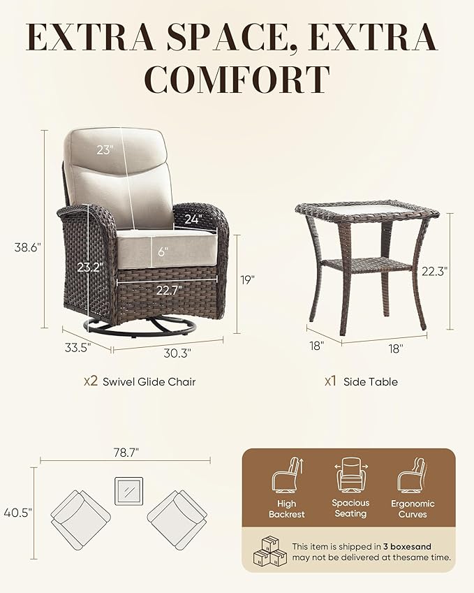Belord Upgraded 6“ Cushion Luxury 3 Pieces Patio Furniture Set - All Weather Wicker Outdoor Swivel Rocker Patio Chairs of 2 with Side Table, High Back Glider Chairs Set for Deck Porch - Brown/Beige