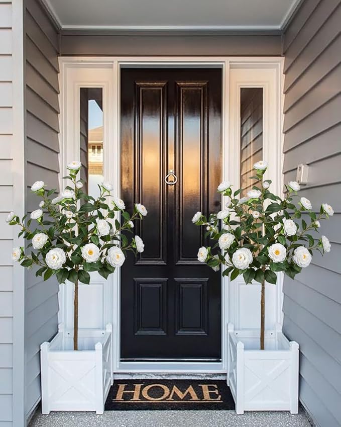 4ft Artificial Camellia Tree Fake Camellia Plant with White Flowers Faux Floral Plant Blooming Tree in Black Pot for Indoor Outdoor Office Home Front Door Porch Decor (2 Pack - White)