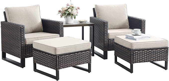 Wicker Outdoor Patio Furniture Set - 5 Piece Patio Conversation Set with 2 Wicker Armrest Chairs,2 Rattan Ottoman and 1 Metal Side Table for Outside Porch Deck Backyard Garden(Mixed Grey/Beige)
