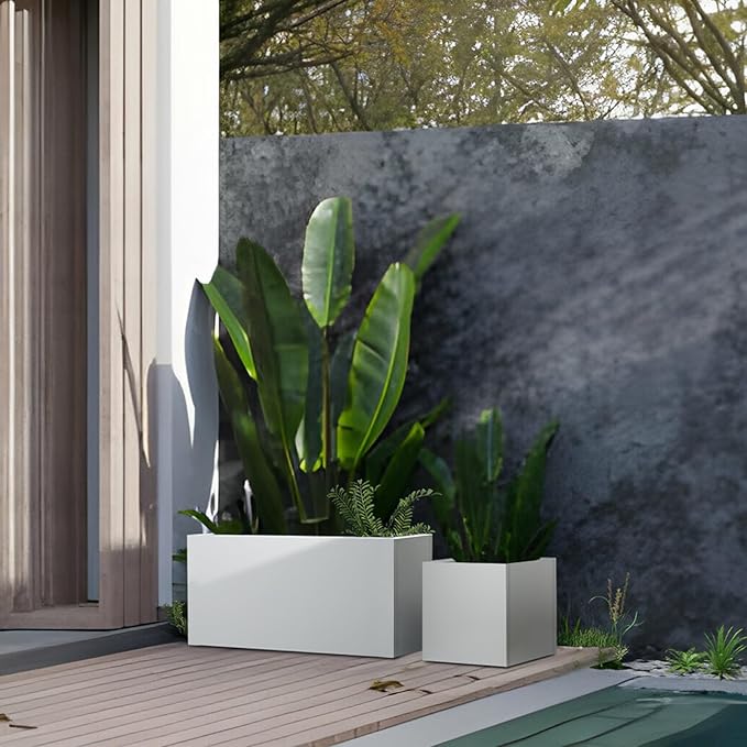 GZGNEEVL White Steel Rectangular Planter Metal Outdoor Indoor Planter Box 31.5" L x 16" W x 16" H Galvanized Steel Large Rectangle Planters Modern Commercial Residential for Trees Patio Yard Garden