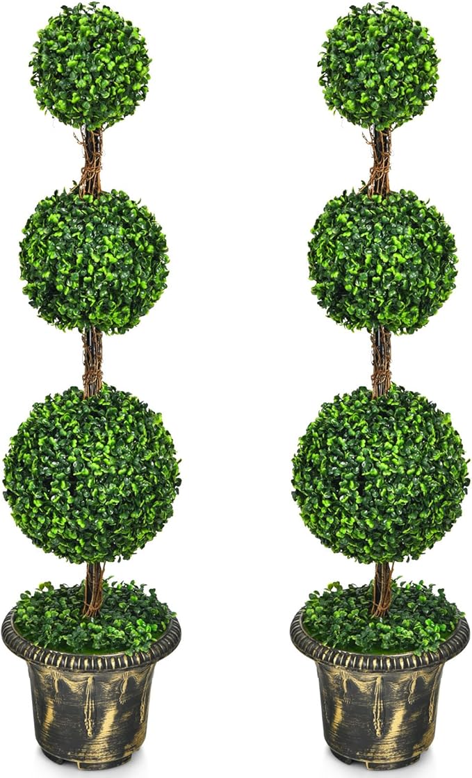 DREAMADE 4ft Topiary Trees Artificial Outdoor/Indoor, Faux Plants Shrub Bushes w/Cement-Filled Retro Pot, Fake Triple Ball Boxwood Topiary Set of 2 for Home, Office, Porch, Front Door, Entrance
