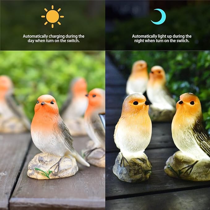 Solar Garden Bird Statue with LED Lights – Eco-Friendly Outdoor Waterproof Lawn Patio Balcony Decor, Charming Robin Sculpture for Garden, Yard, Porch, Gifts for Mom Grandma, Spring, Mother’s Day
