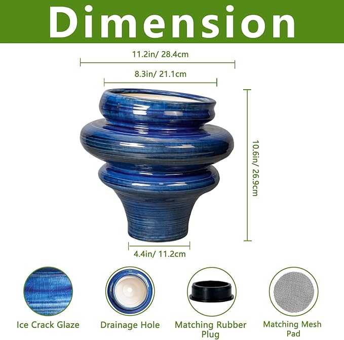 Teagas Ceramic Pots for Plants - 11 Inch Ceramic Planter with Drainage Hole, Unique Planters for Indoor Outdoor, Large Decorative Flower Pot, Home Office Room Decor, Gifts for Plants Lover, Blue