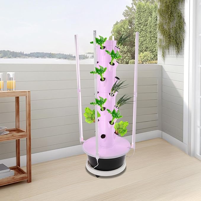 Hydroponic Growing System with LED Grow Lights, 28 Pods 7 Tiers Vertical Hydroponic Tower, Home Hydroponic Garden with Water Pump, Timer, Plants Germination Kit for Herbs, Fruits, Vegetables
