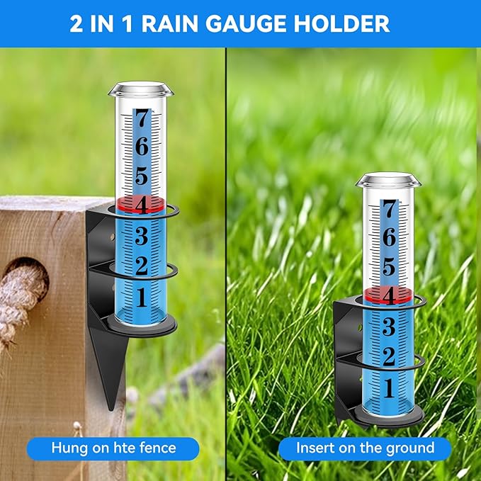 Rain Gauge Outdoor,7" Rain Gauges Outdoors Best Rated with Metal Rack Holder, Rain Measure Gauge, Easy to Read with Red Float, Large Font Plastic Replacement Tube for Yard Garden