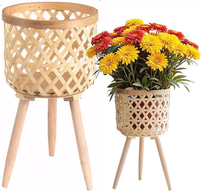 Boho Rattan Plant Stand Set of 2 – Handwoven Tall Elevated Wicker Plant Baskets for Indoor Plants, Mid-Century Modern Wooden Planter Holder with Tripod Legs, Farmhouse Home Decor