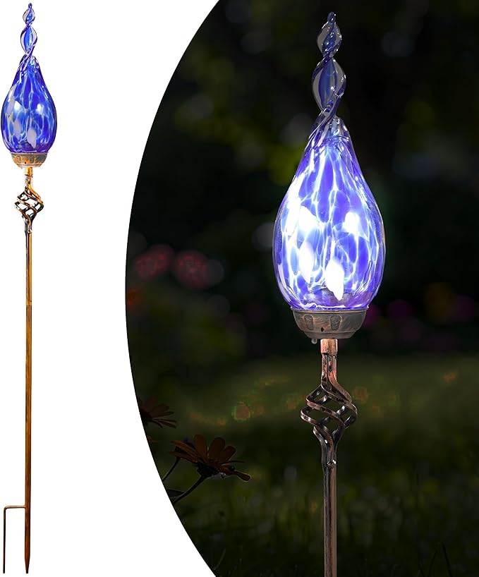 Naboher Solar Garden Lights Outdoor, Decorative LED Flame Garden Stakes, Hand Blown Glass and Outdoor Waterproof Glass Stakes (Dark Blue)