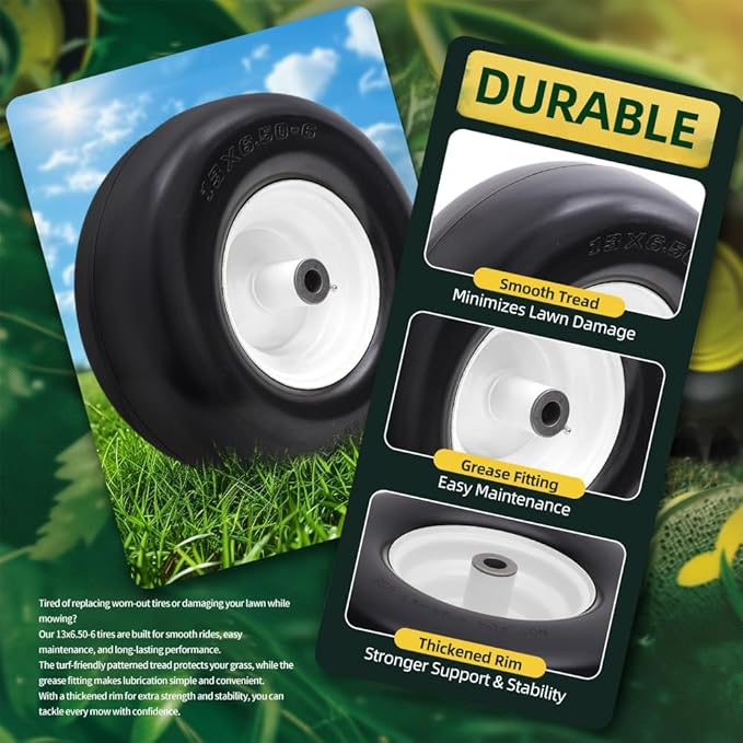 13x6.50-6 Lawn Mower Tires Flat Free with Rim Assemblies (2 Pack),Universal 13x6.5-6 Solid Smooth Rubber Zero-Turn Lawn mowers Tire,5.5"-7.72”Centered Hub and 3/4" extra 5/8" 1/2” Bushings