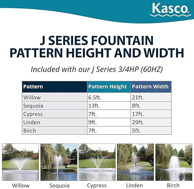 Kasco 3/4 HP J Series Decorative Fountain - 120V with 50 Ft Electric Power Cord | Pond and Lake Fountain | Efficient Pond Aerator Outdoor