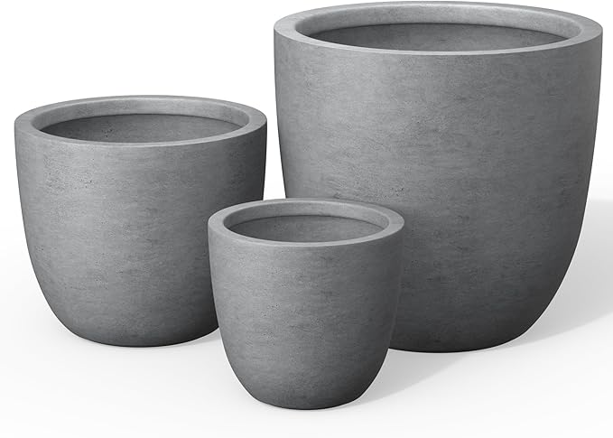 Kante Round Concrete Planter Set of 3, Large Outdoor Indoor Plant Pots with Drainage Hole, 10/14/18-Inch Diameter Flower Pots for Patio, Garden and Home, Gray