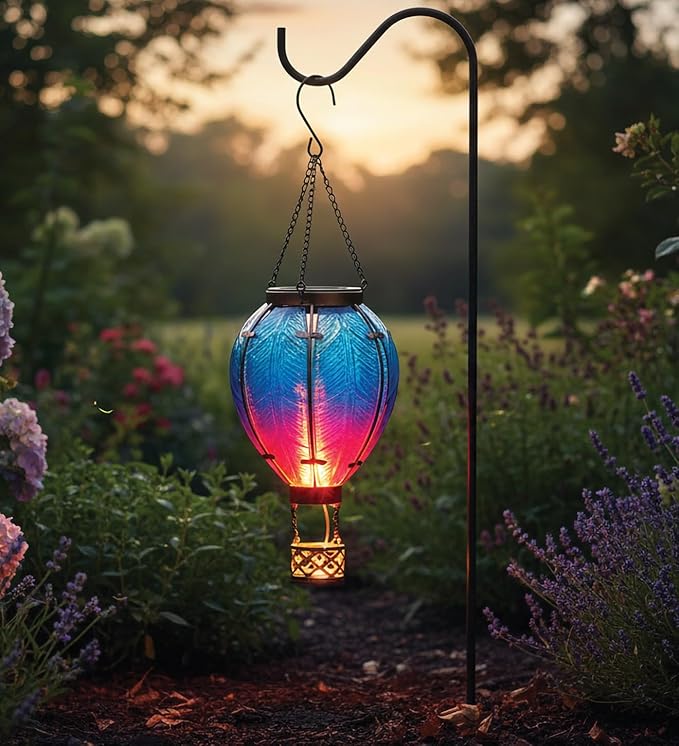 Regal Art & Gift Hot Air Balloon Solar Lantern – Hanging Solar-Powered LED Lights, Waterproof Portable Decorative Outdoor Lamp Made of Metal & Glass for Garden, Patios & Pathway – Blue (Small)