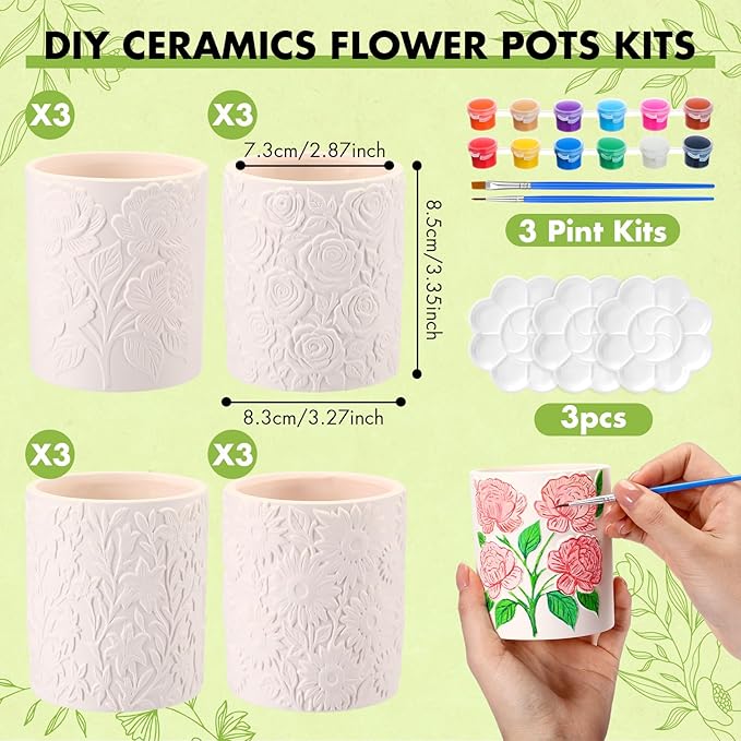 Zubebe 12 Pcs Paint Your Own Flower Ceramic Pots Bulk Unfinished Succulent Pots Painting Kit with Drainage Hole Lily Sunflower Peony Rose Mini Paintable Vase for Spring Valentine Mother DIY Craft