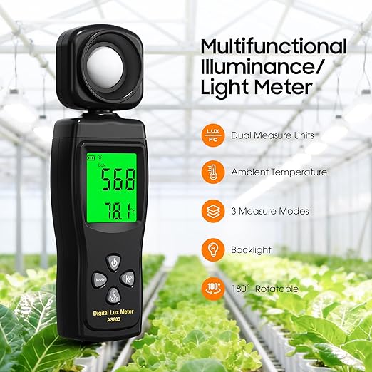 Digital Illuminance Light Meter, 0~200,000 Lux Range with 180º Rotating Sensor Light Meter Foot Candles, Backlight LCD Display, Handheld Light Meter for Plants, Photography, Indoor, Film Camera